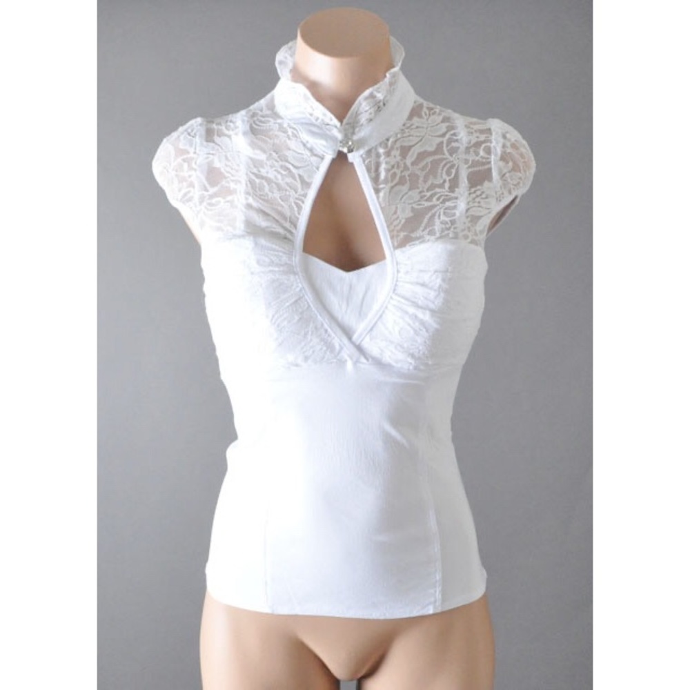 White Cap Sleeve Womens Steampunk Gothic Floral Lace High Neck Ruffle Fitted Top